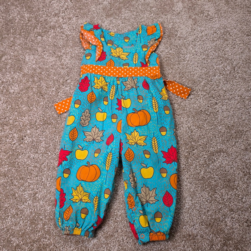 Eleanor Rose Jumpsuit Fall Harvest Pumpkin Leaf Print Ruffle Boutique 18-24M